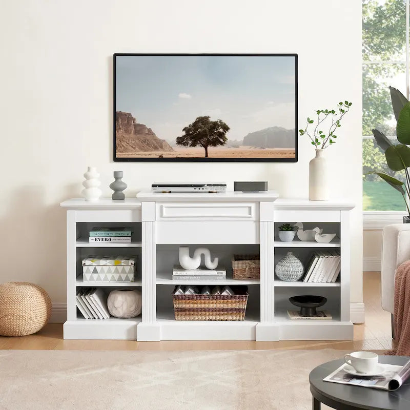 Meuble TV blanc avec armoire et étagères réglables pour téléviseurs jusqu'à 65 pouces