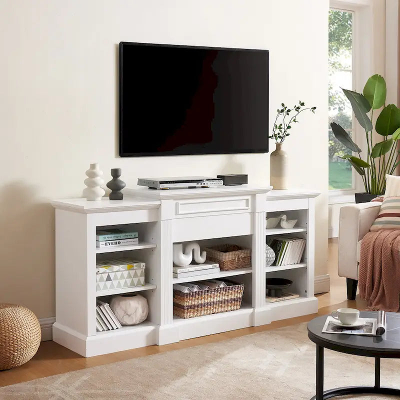 Meuble TV blanc avec armoire et étagères réglables pour téléviseurs jusqu'à 65 pouces