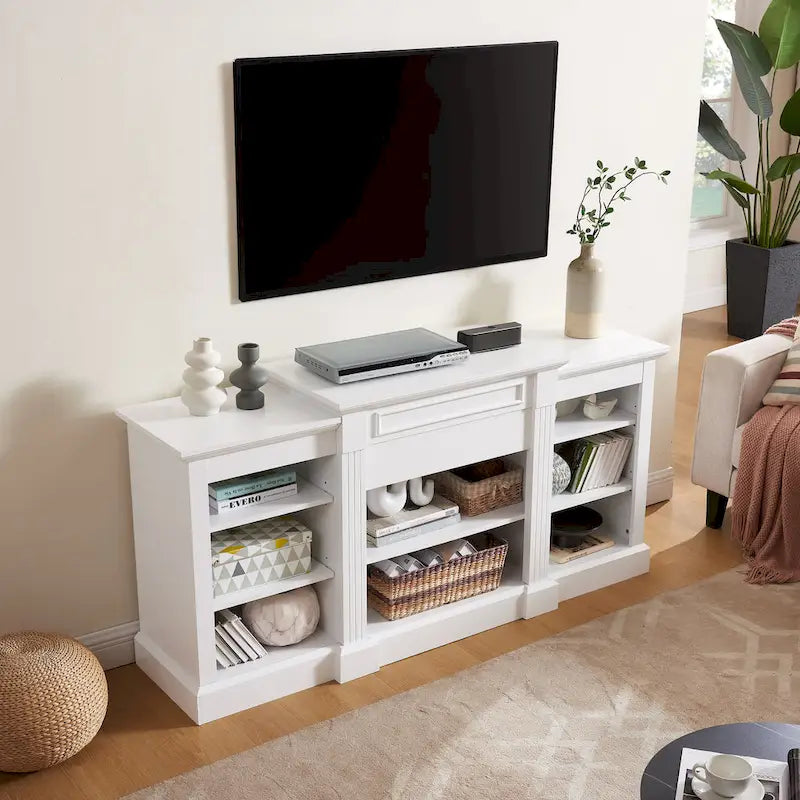 Meuble TV blanc avec armoire et étagères réglables pour téléviseurs jusqu'à 65 pouces