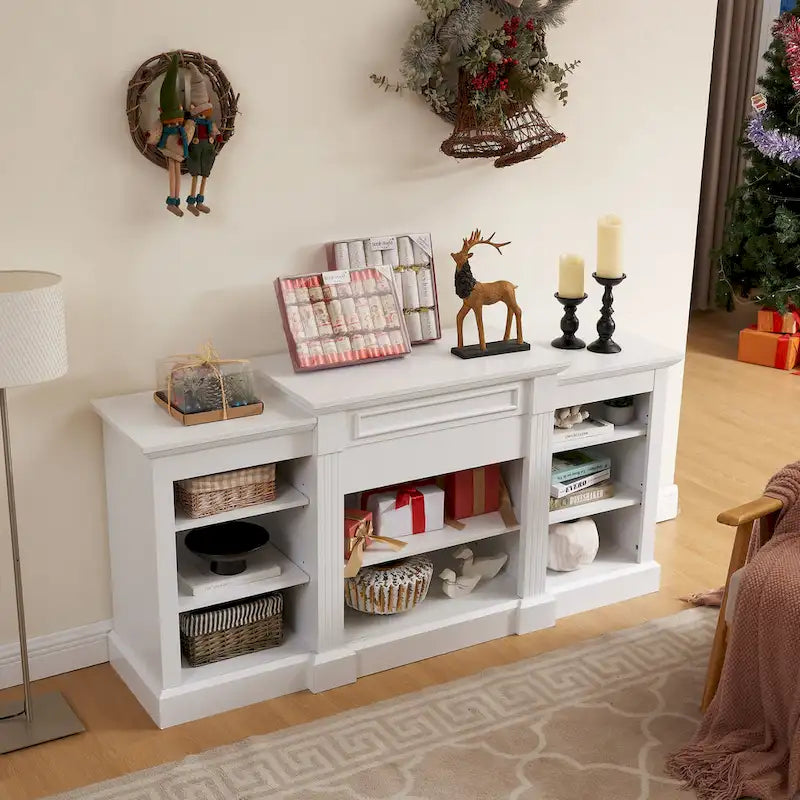 Meuble TV blanc avec armoire et étagères réglables pour téléviseurs jusqu'à 65 pouces