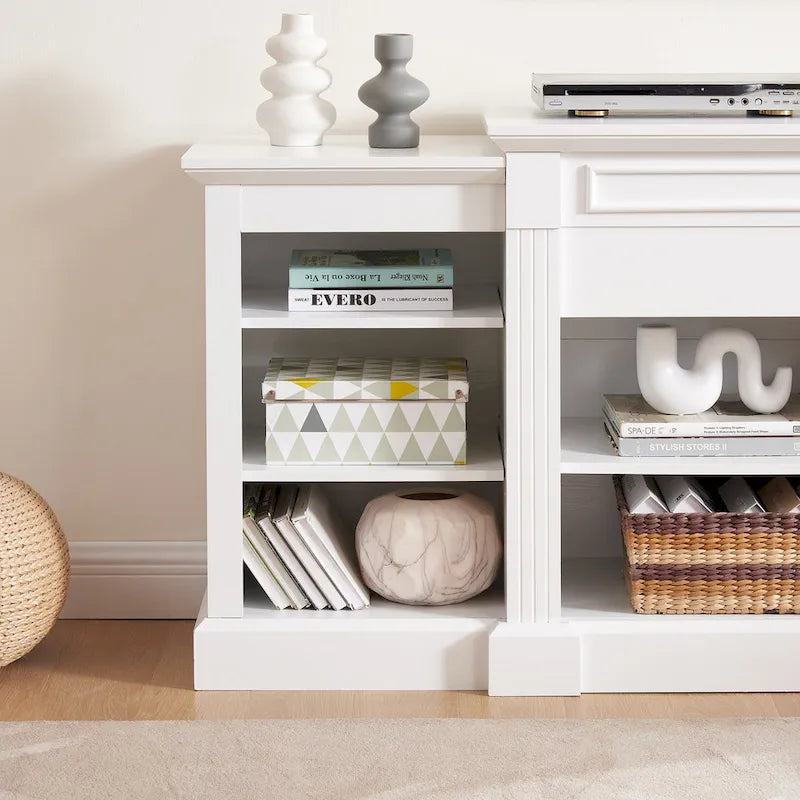 Meuble TV blanc avec armoire et étagères réglables pour téléviseurs jusqu'à 65 pouces