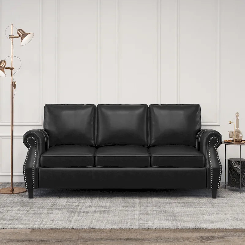 Canapé 3 places en similicuir 80" avec clous décoratifs et pieds en bois