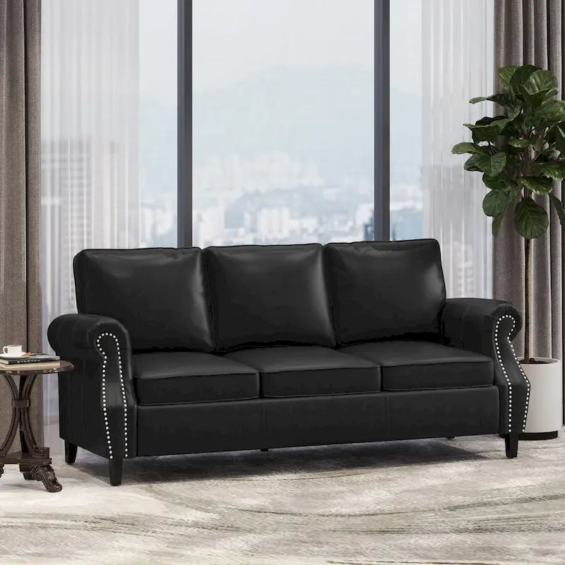 Canapé 3 places en similicuir 80" avec clous décoratifs et pieds en bois