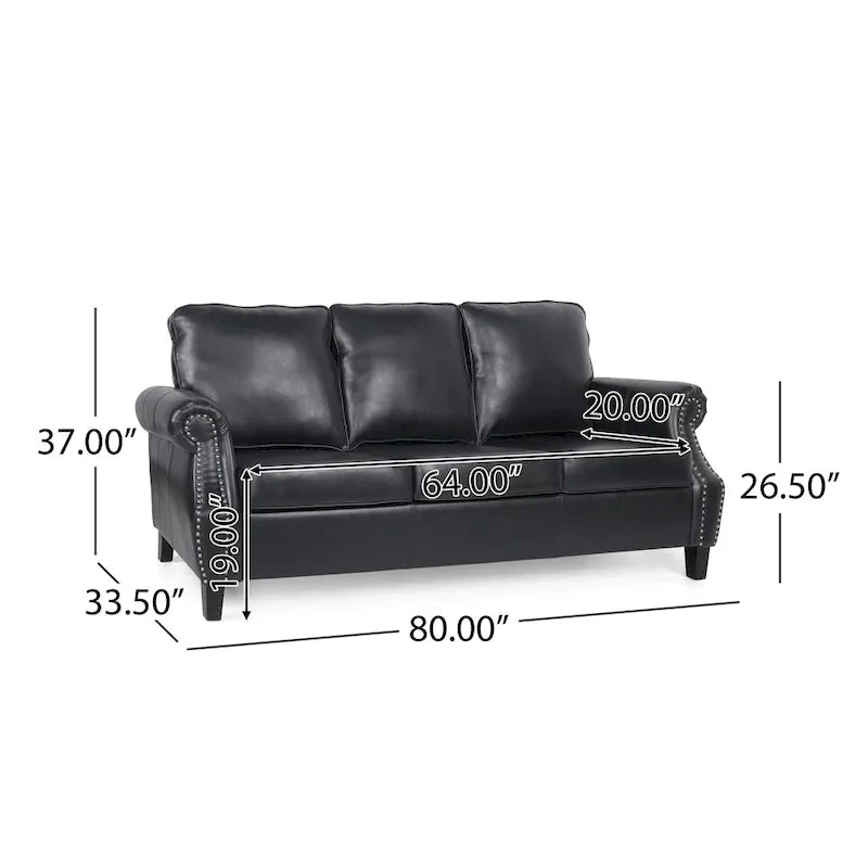 Canapé 3 places en similicuir 80" avec clous décoratifs et pieds en bois