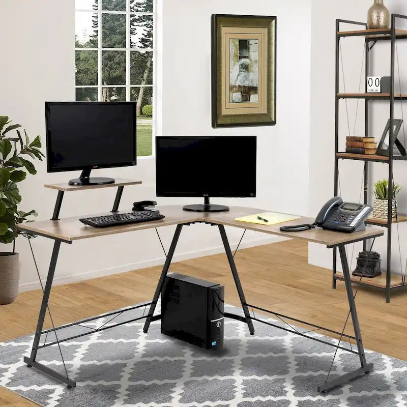 Bureau d'angle avec étagère surélevée