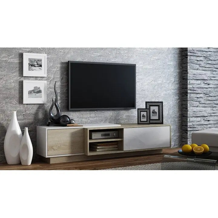 Meuble TV avec placards latéraux et étagère centrale ouverte