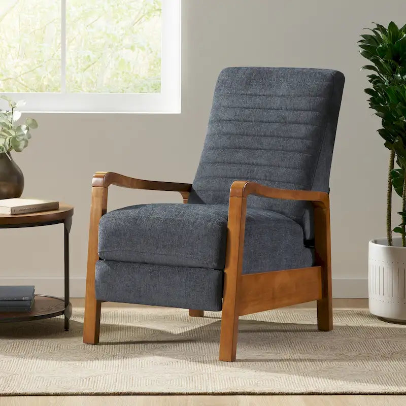 Fauteuil inclinable à dossier poussé avec coutures horizontales et cadre en bois d'hévéa
