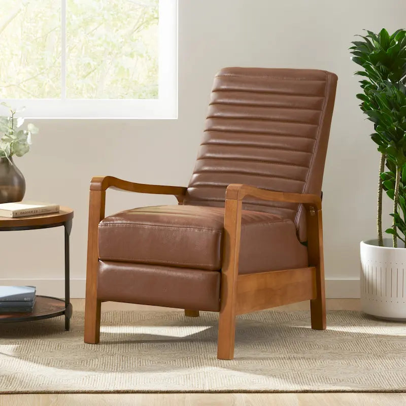 Fauteuil inclinable à dossier poussé avec coutures horizontales et cadre en bois d'hévéa
