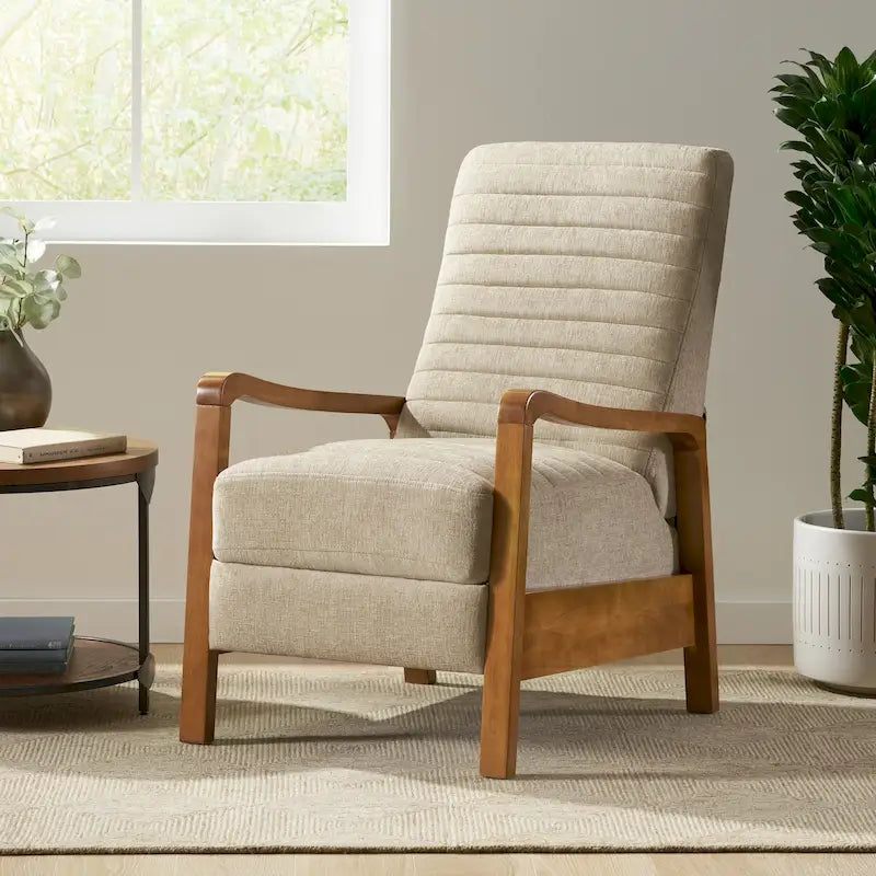 Fauteuil inclinable à dossier poussé avec coutures horizontales et cadre en bois d'hévéa