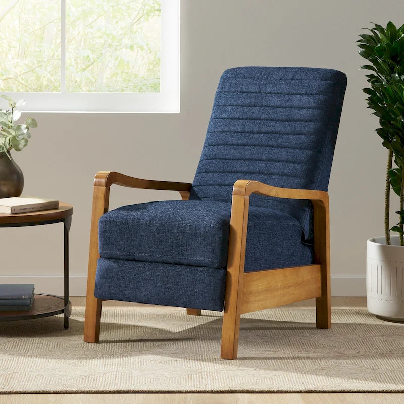 Fauteuil inclinable à dossier poussé avec coutures horizontales et cadre en bois d'hévéa