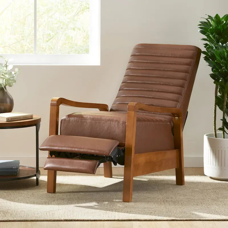 Fauteuil inclinable à dossier poussé avec coutures horizontales et cadre en bois d'hévéa