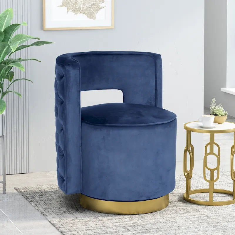 Fauteuil club pivotant en velours à dossier ouvert, style glamour moderne - 66,7 cm L x 61,6 cm l x 72,4 cm H