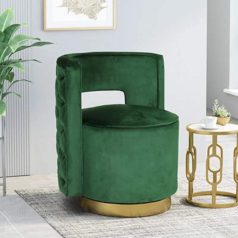 Fauteuil club pivotant en velours à dossier ouvert, style glamour moderne - 66,7 cm L x 61,6 cm l x 72,4 cm H