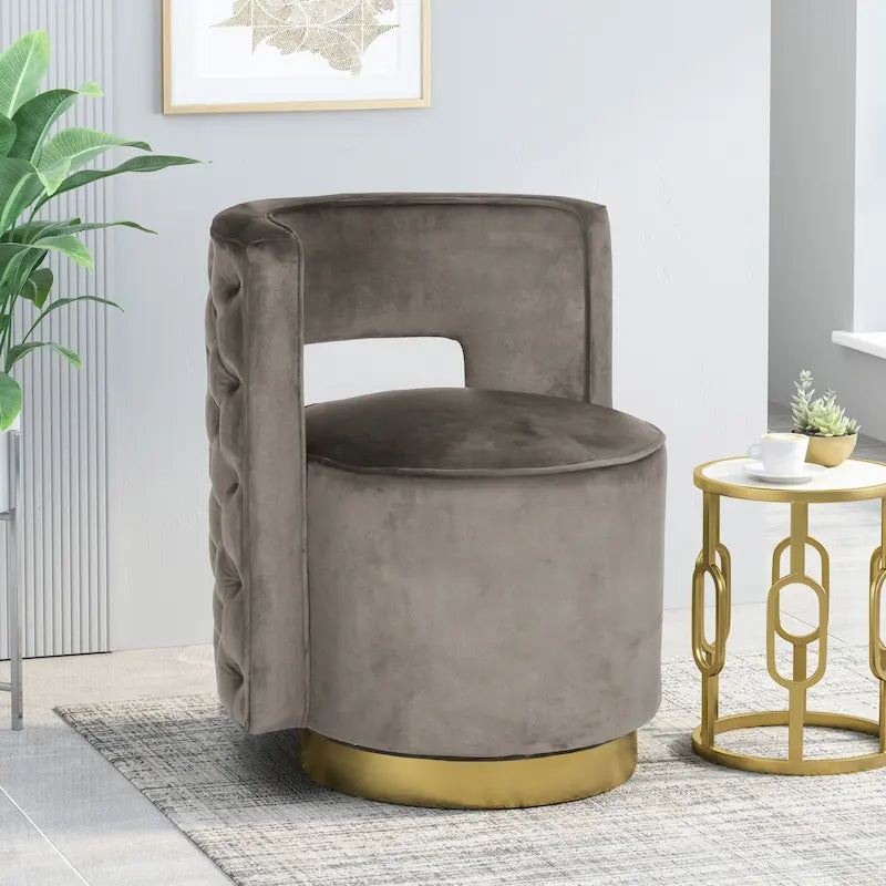 Fauteuil club pivotant en velours à dossier ouvert, style glamour moderne - 66,7 cm L x 61,6 cm l x 72,4 cm H