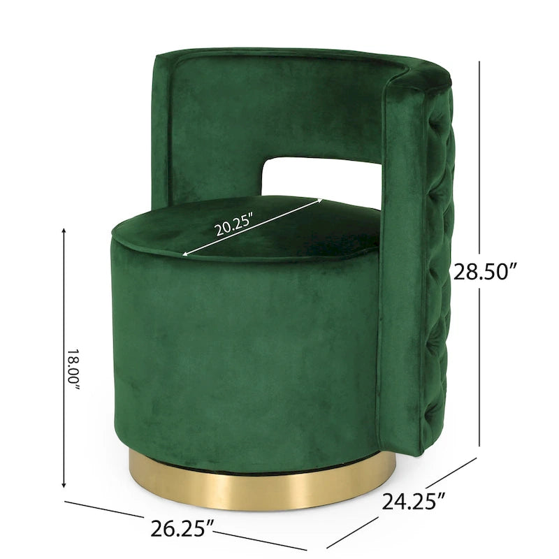 Fauteuil club pivotant en velours à dossier ouvert, style glamour moderne - 66,7 cm L x 61,6 cm l x 72,4 cm H