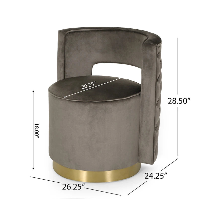 Fauteuil club pivotant en velours à dossier ouvert, style glamour moderne - 66,7 cm L x 61,6 cm l x 72,4 cm H