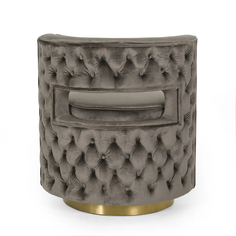Fauteuil club pivotant en velours à dossier ouvert, style glamour moderne - 66,7 cm L x 61,6 cm l x 72,4 cm H