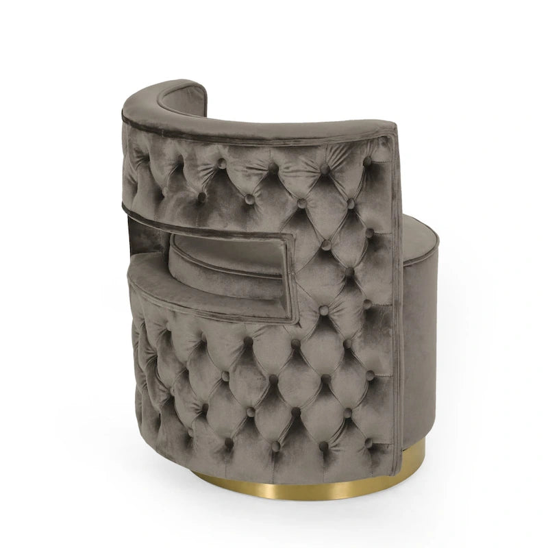 Fauteuil club pivotant en velours à dossier ouvert, style glamour moderne - 66,7 cm L x 61,6 cm l x 72,4 cm H