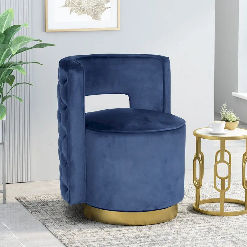 Fauteuil club pivotant en velours à dossier ouvert, style glamour moderne - 66,7 cm L x 61,6 cm l x 72,4 cm H