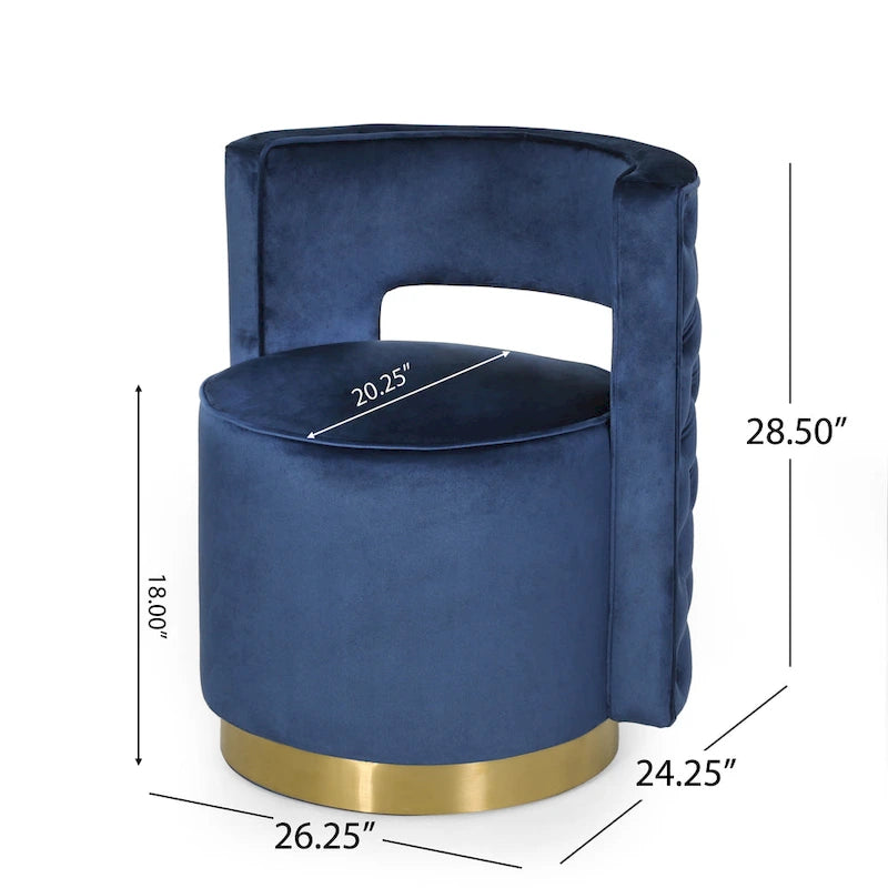 Fauteuil club pivotant en velours à dossier ouvert, style glamour moderne - 66,7 cm L x 61,6 cm l x 72,4 cm H