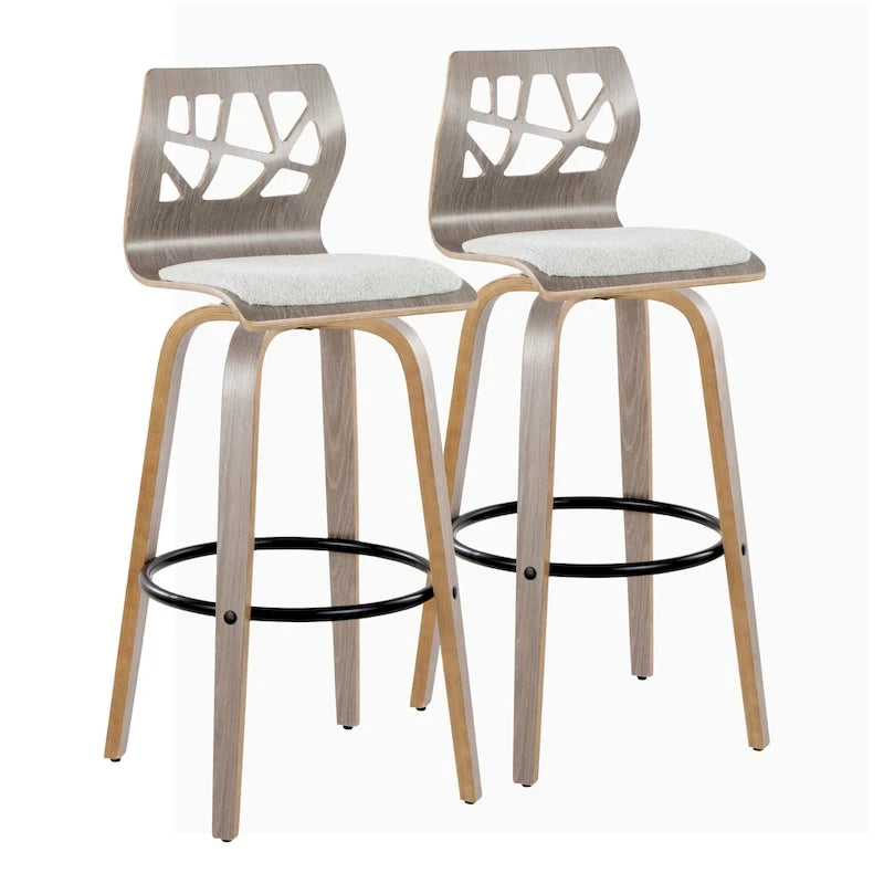Tabouret de bar à hauteur fixe avec pieds en bois courbé et repose-pieds rond (Lot de 2)