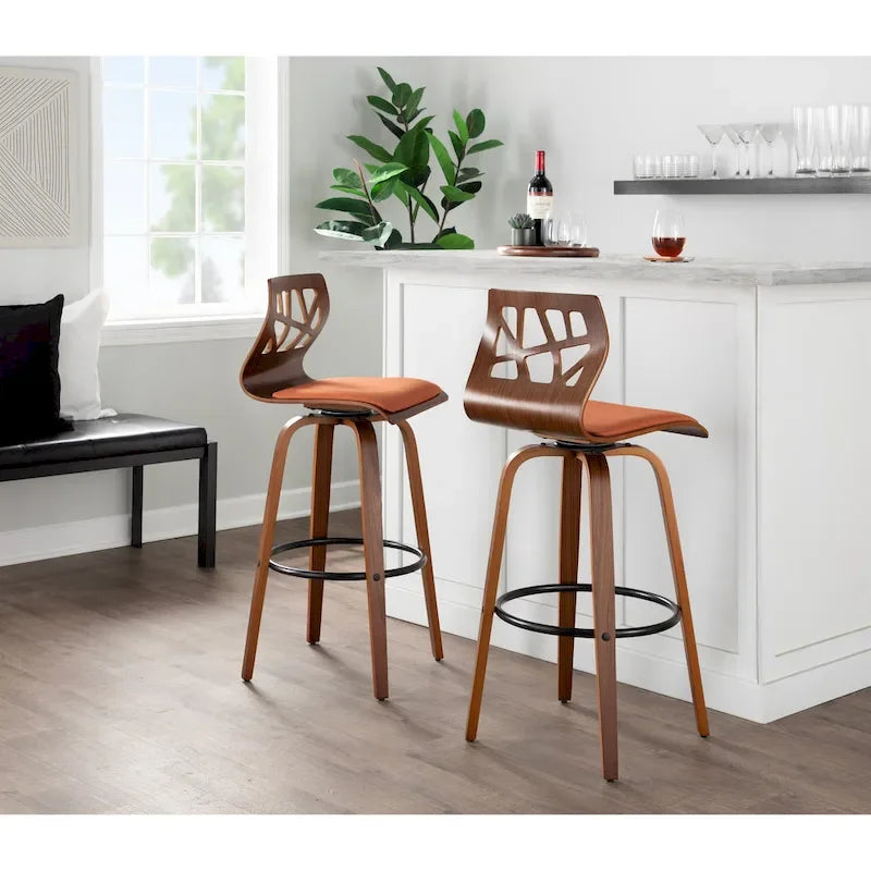 Tabouret de bar à hauteur fixe avec pieds en bois courbé et repose-pieds rond (Lot de 2)