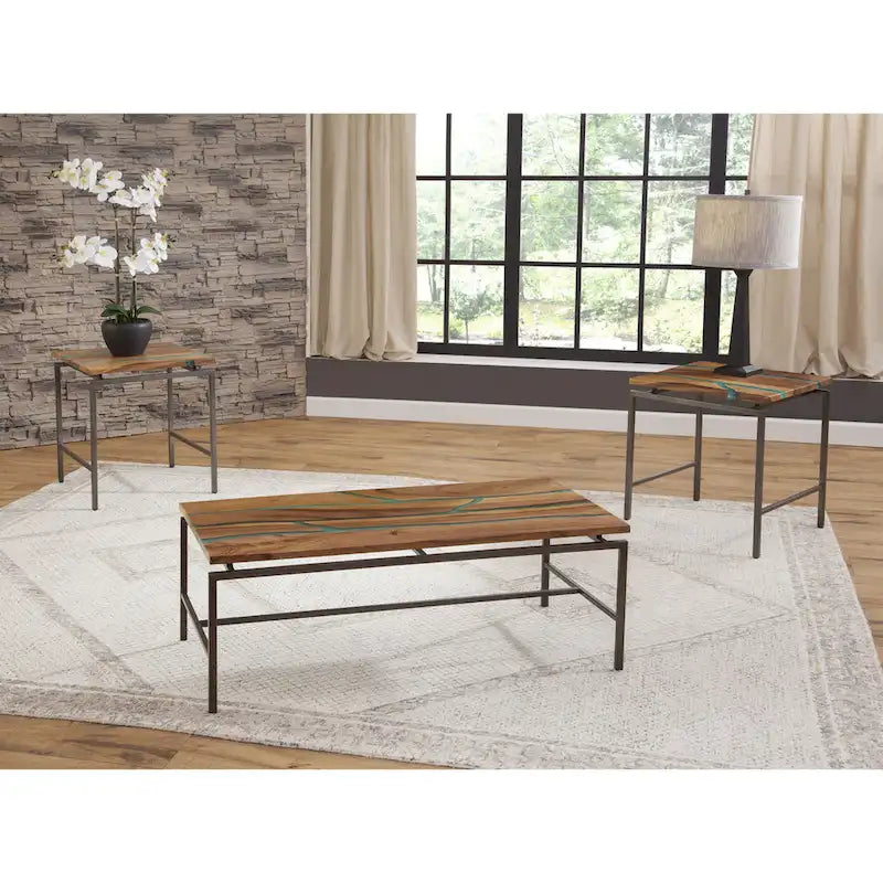 Table basse en bois d'acacia avec incrustations de résine et piètement en métal