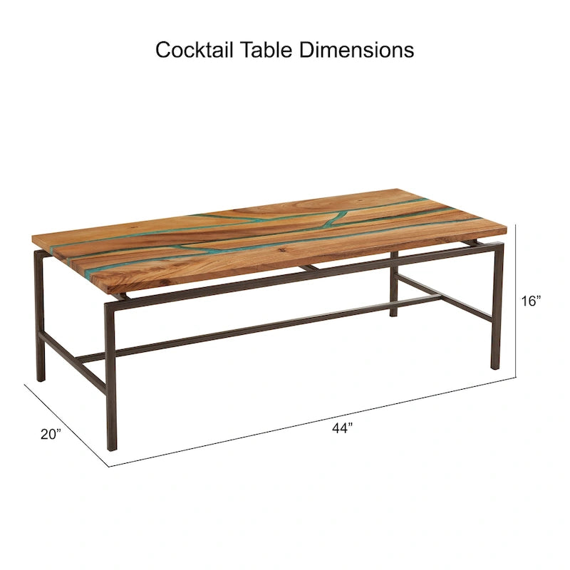 Table basse en bois d'acacia avec incrustations de résine et piètement en métal