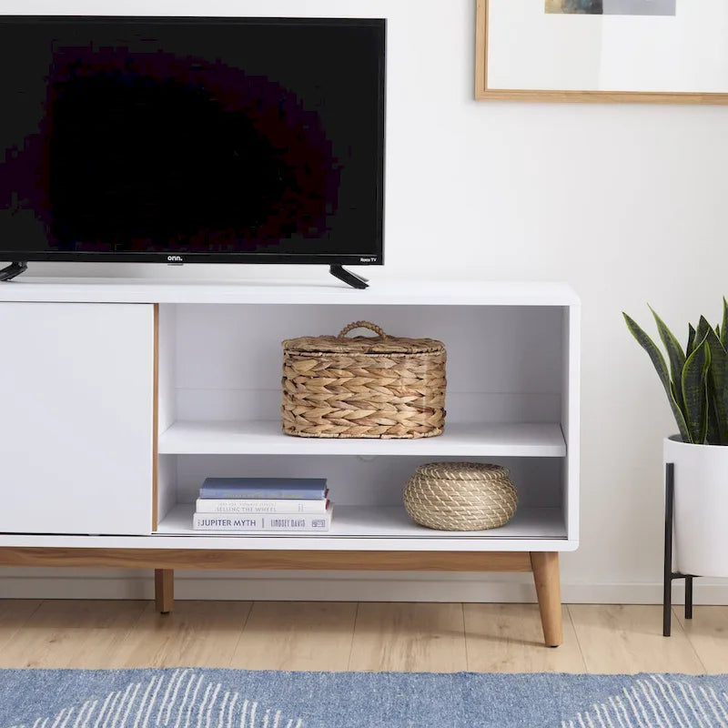 Meuble TV avec portes coulissantes et gestion des câbles, convient aux téléviseurs jusqu'à 65 pouces