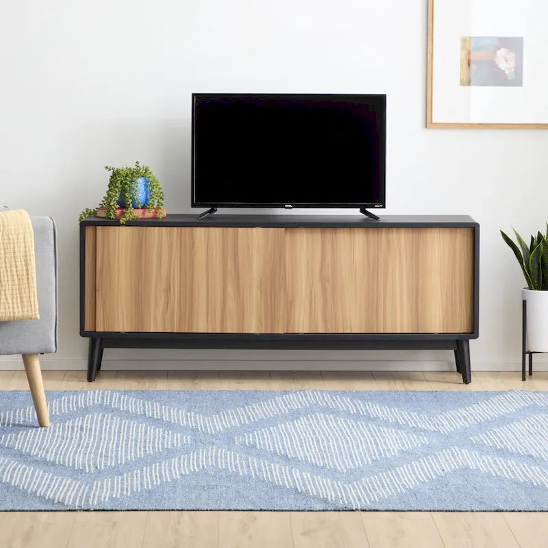 Meuble TV avec portes coulissantes et gestion des câbles, convient aux téléviseurs jusqu'à 65 pouces
