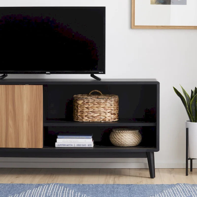 Meuble TV avec portes coulissantes et gestion des câbles, convient aux téléviseurs jusqu'à 65 pouces