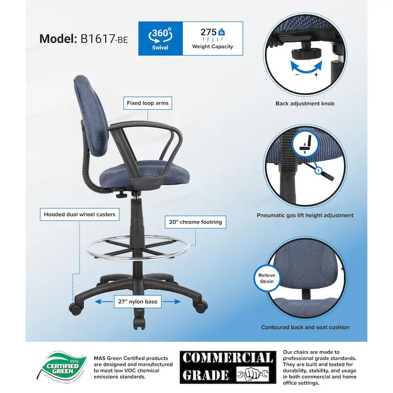 Tabouret de dessinateur réglable avec accoudoirs boucles et roulettes