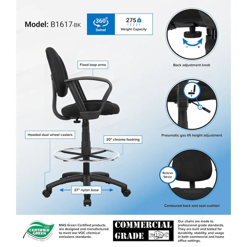 Tabouret de dessinateur réglable avec accoudoirs boucles et roulettes