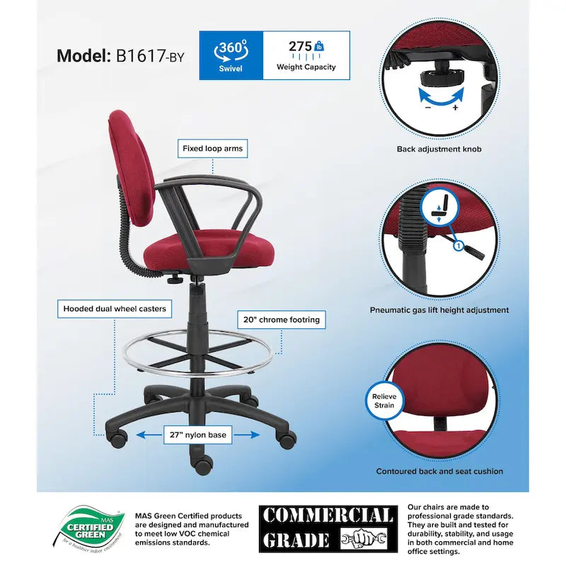 Tabouret de dessinateur réglable avec accoudoirs boucles et roulettes