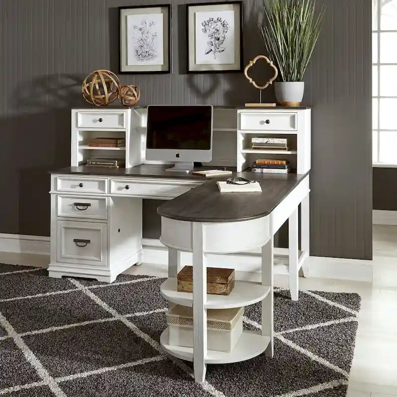 Ensemble bureau en L et huche – Fini blanc avec plateaux anthracite