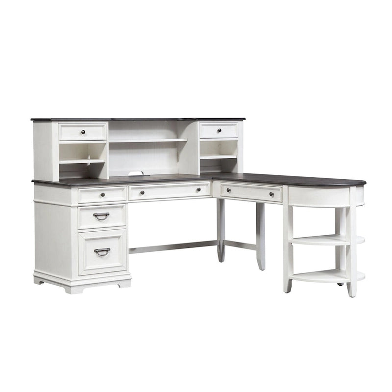 Ensemble bureau en L et huche – Fini blanc avec plateaux anthracite