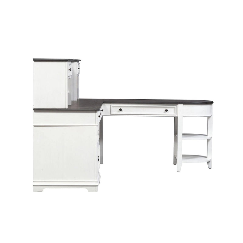 Ensemble bureau en L et huche – Fini blanc avec plateaux anthracite