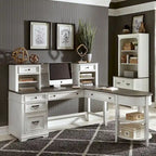 Ensemble bureau en L et huche – Fini blanc avec plateaux anthracite