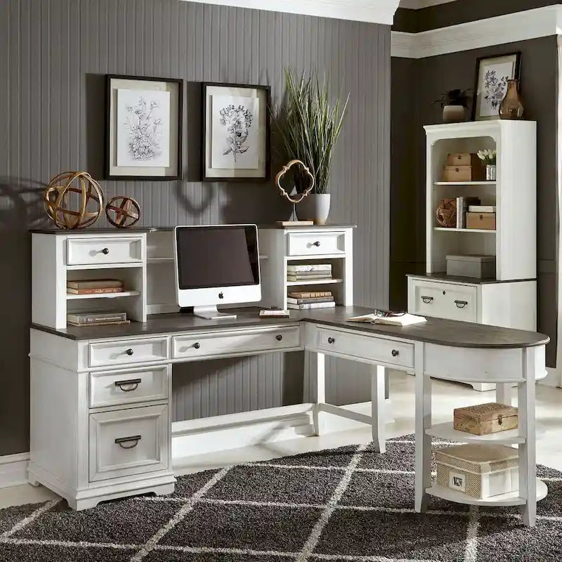 Ensemble bureau en L et huche – Fini blanc avec plateaux anthracite