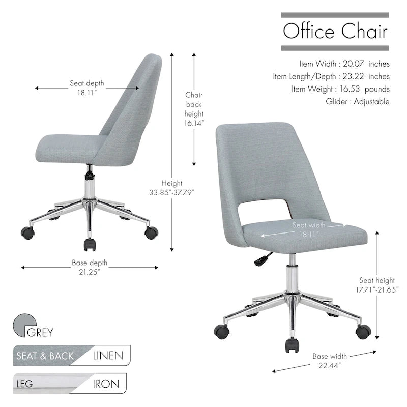 Chaise de bureau sans accoudoirs avec assise en tissu de lin et roulettes
