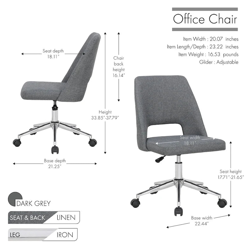 Chaise de bureau sans accoudoirs avec assise en tissu de lin et roulettes