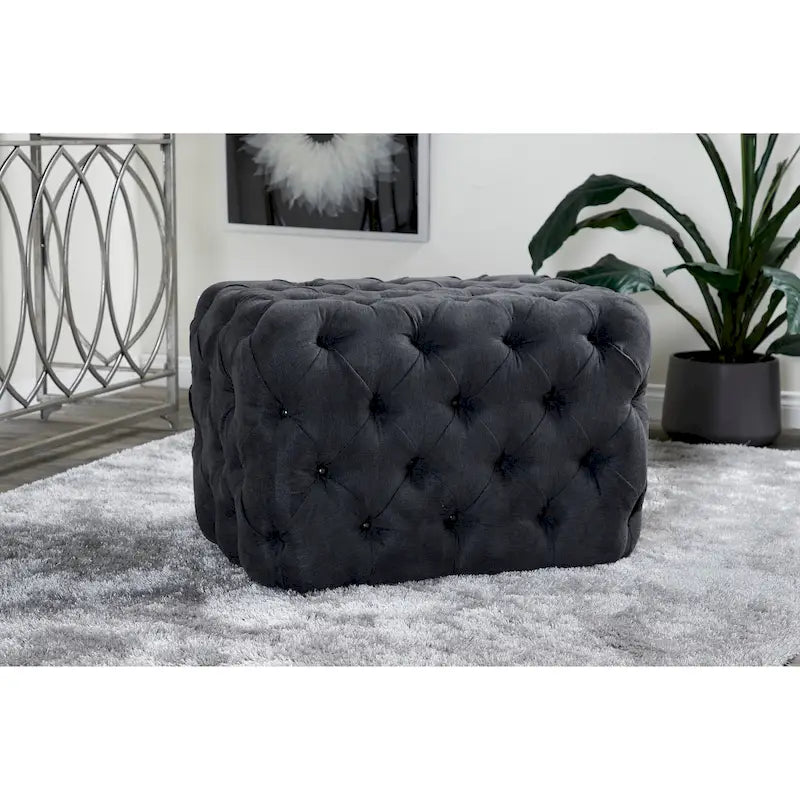 Banc ottoman Glam moderne en tissu capitonné, en bois noir, beige ou gris