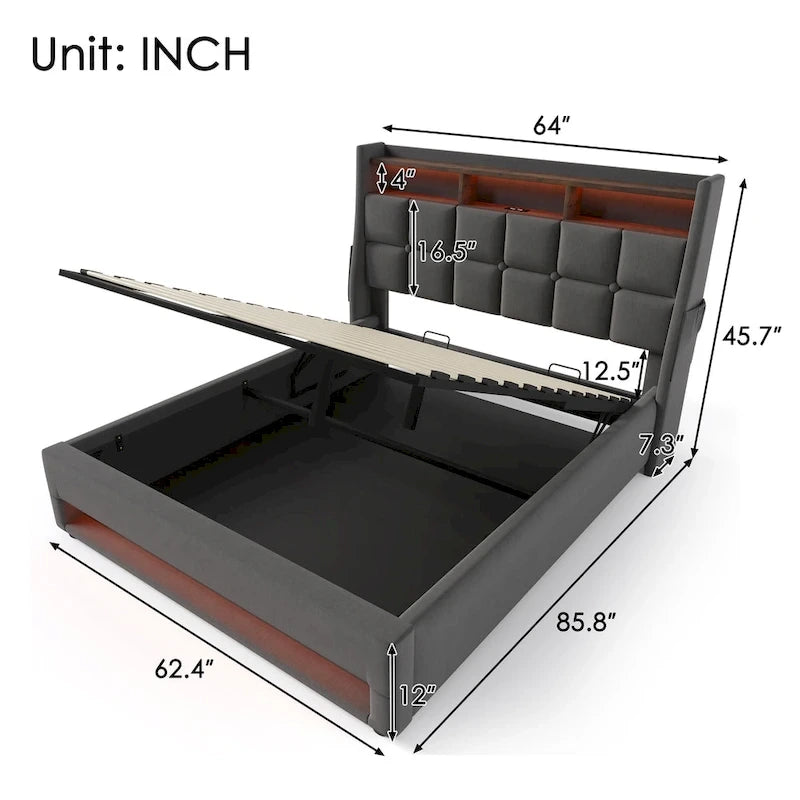 Lit plate-forme capitonné Queen Size avec rangement hydraulique, éclairage LED et chargement USB (Gris, Sans Matelas)