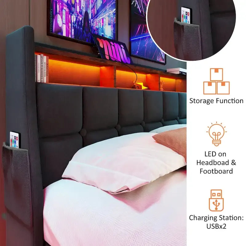 Lit plate-forme capitonné Queen Size avec rangement hydraulique, éclairage LED et chargement USB (Gris, Sans Matelas)