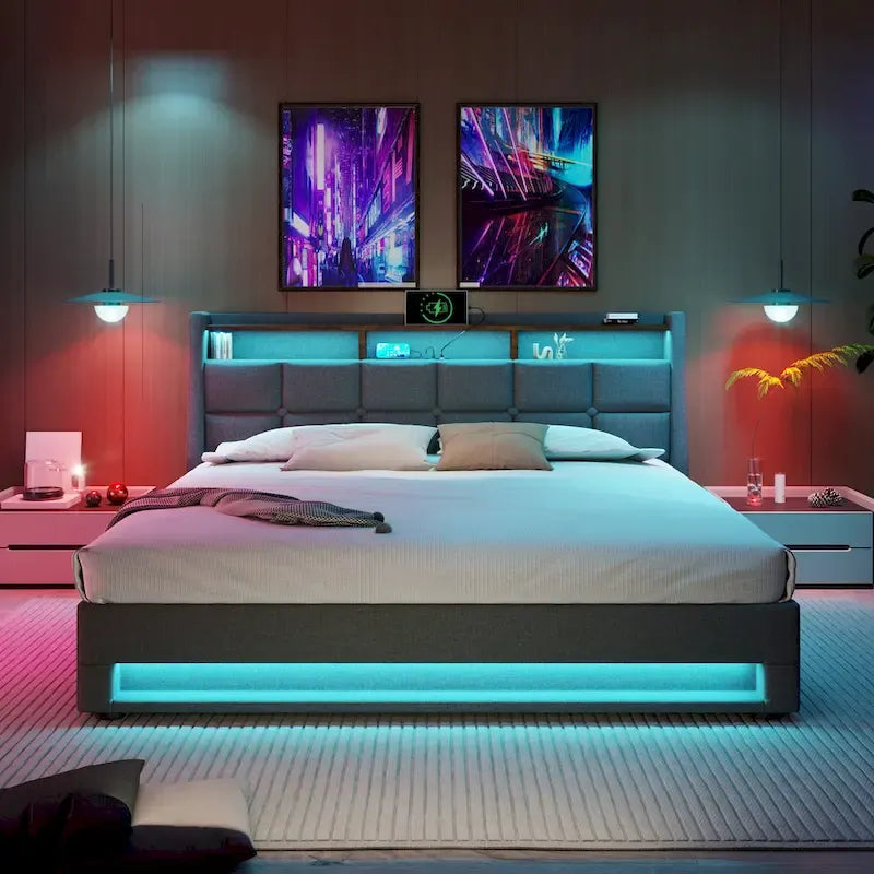 Lit plate-forme capitonné Queen Size avec rangement hydraulique, éclairage LED et chargement USB (Gris, Sans Matelas)