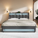 Lit plate-forme capitonné Queen Size avec rangement hydraulique, éclairage LED et chargement USB (Gris, Sans Matelas)