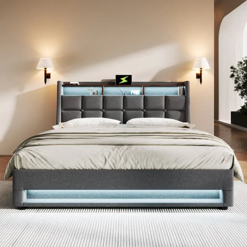 Lit plate-forme capitonné Queen Size avec rangement hydraulique, éclairage LED et chargement USB (Gris, Sans Matelas)