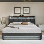 Lit plate-forme capitonné Queen Size avec rangement hydraulique, éclairage LED et chargement USB (Gris, Sans Matelas)