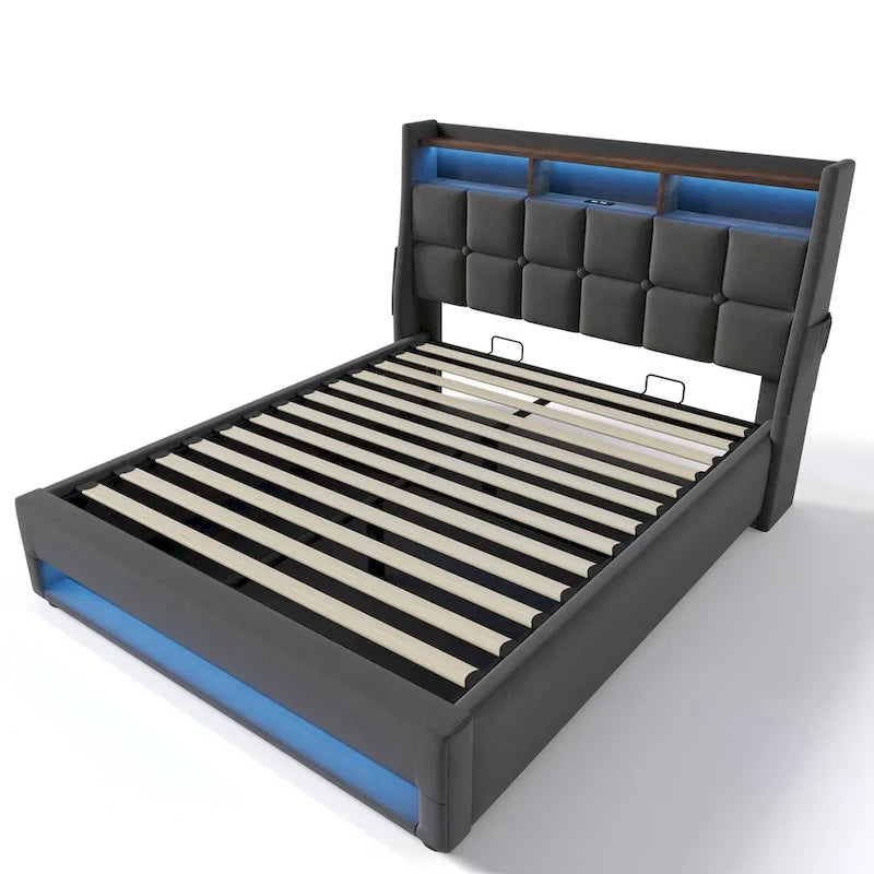 Lit plate-forme capitonné Queen Size avec rangement hydraulique, éclairage LED et chargement USB (Gris, Sans Matelas)