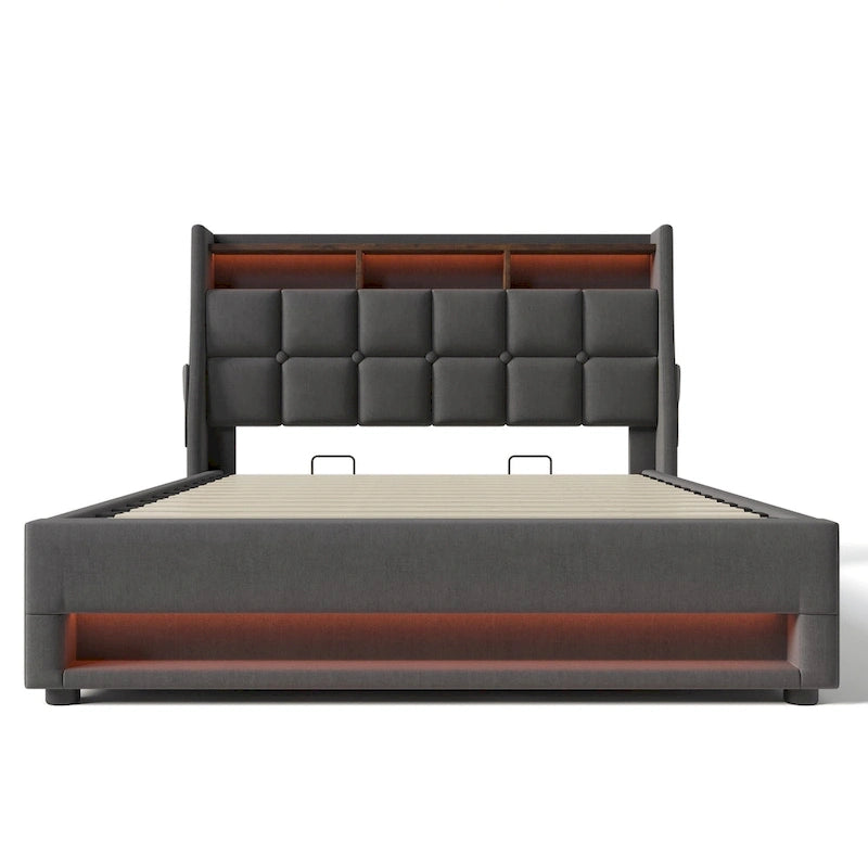 Lit plate-forme capitonné Queen Size avec rangement hydraulique, éclairage LED et chargement USB (Gris, Sans Matelas)